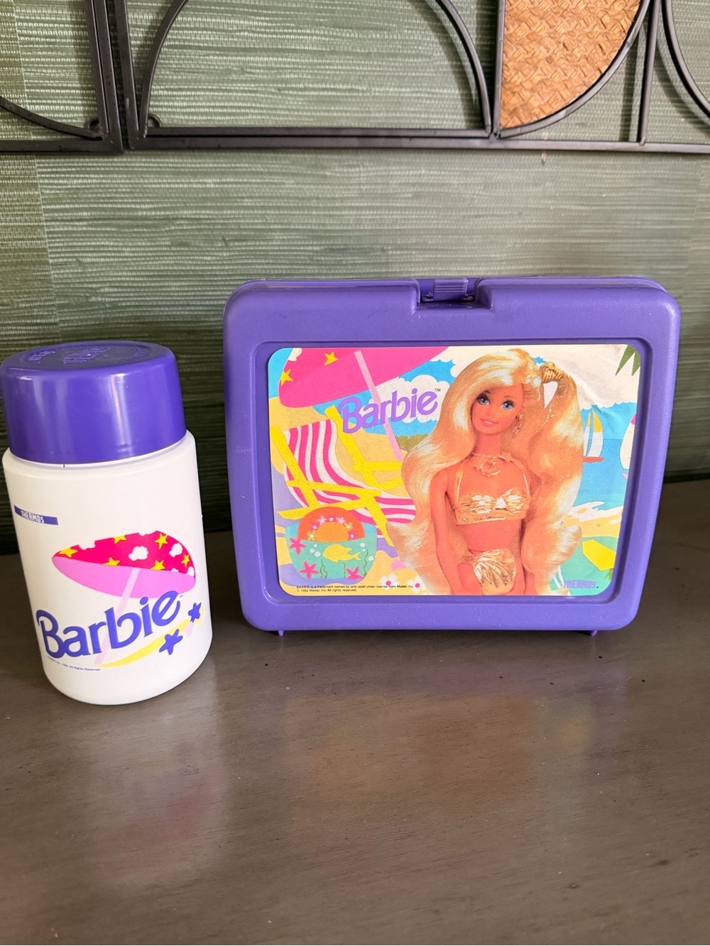 1992 Barbie Purple Lunchbox with White Thermos and Colorful Retro Art